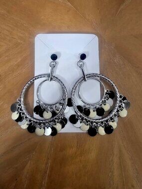 Silver Double Hoop Statement Earrings Black Cream Polished Coin Charms